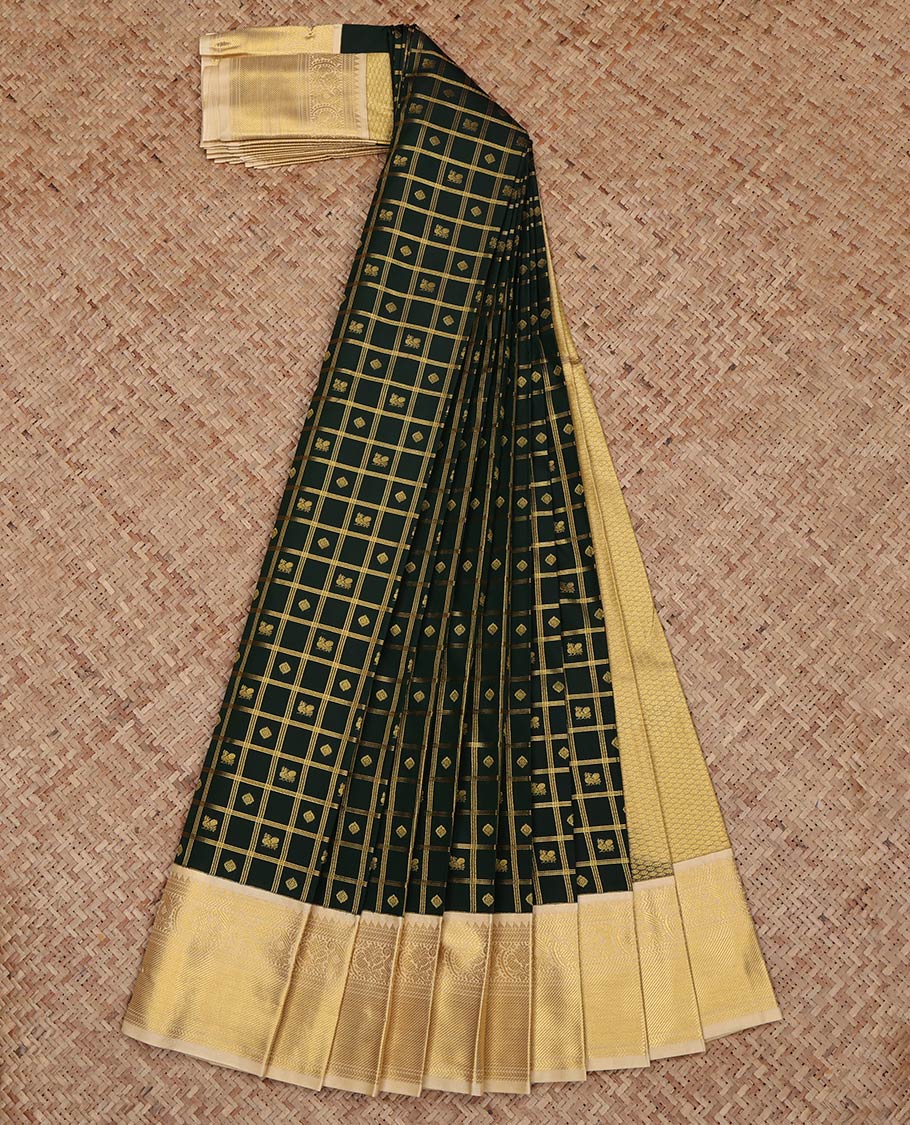 Green Budget Silk Saree, Gleamed Up with Zari Butta Enclosed Checks on Its Body, Complemented by a Contrast Traditional Zari Border, Grand Jaal Pallu, and Paired with a Contrast Blouse