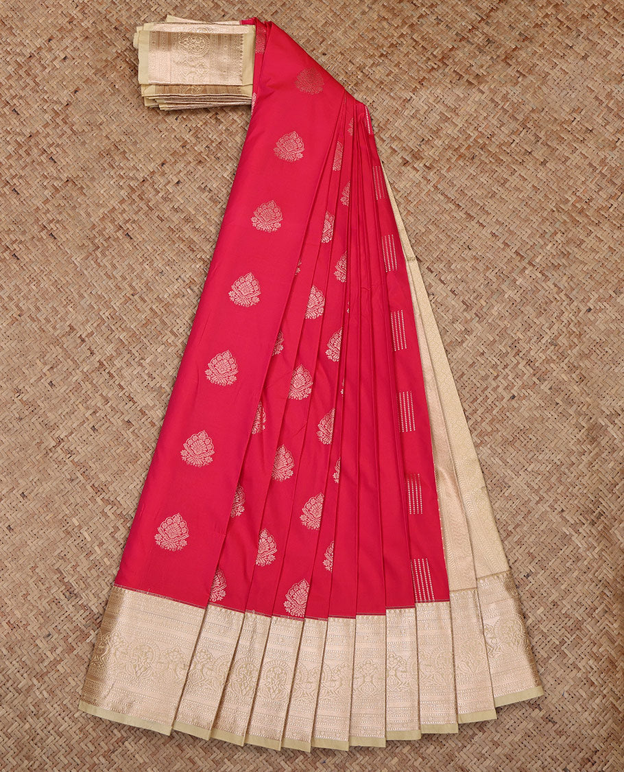 Red Budget Silk Saree, Beautified with Zari Buttas All Over Its Body, Complemented by a Contrast Traditional Zari Design Border, Sparsely Woven Pallu, and Paired with a Contrast Blouse
