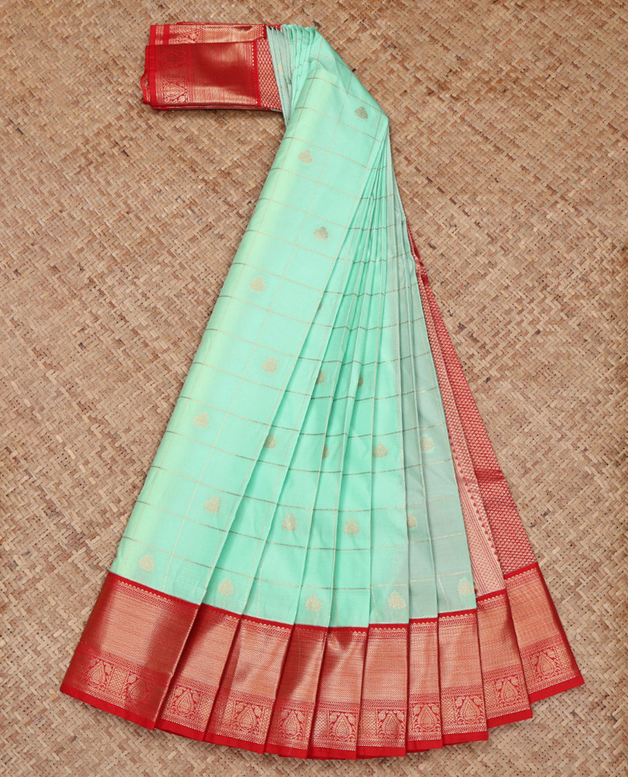Turquoise Budget Silk Saree, Graced with Zari Butta Enclosed Checks on Its Body, Complemented by a Contrast Traditional Zari Design Border, Grand Jaal Pallu, and Paired with a Contrast Blouse