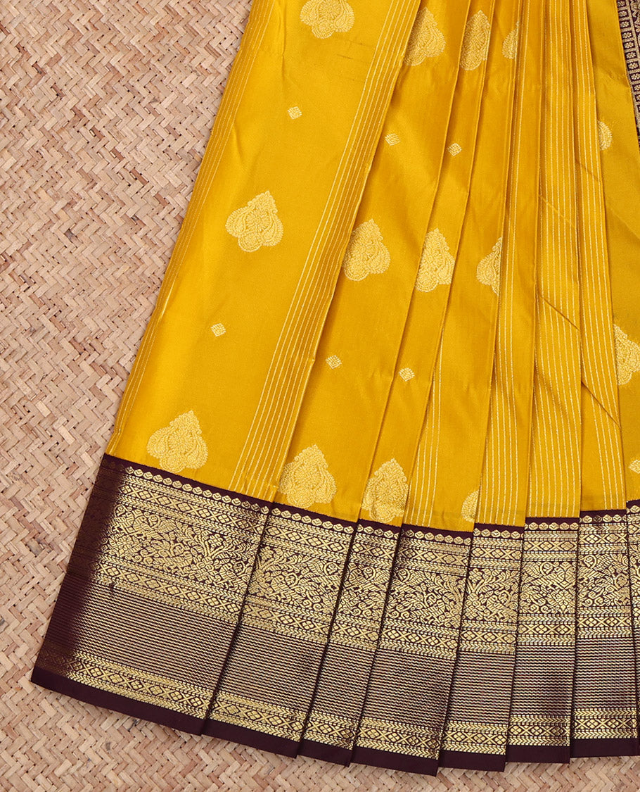 Mustard Budget Silk Saree, Sparsely Woven with Zari Buttas and Stripes, Captivating Contrast Traditional Zari Design Border, Grand Pallu, and a Contrast Blouse
