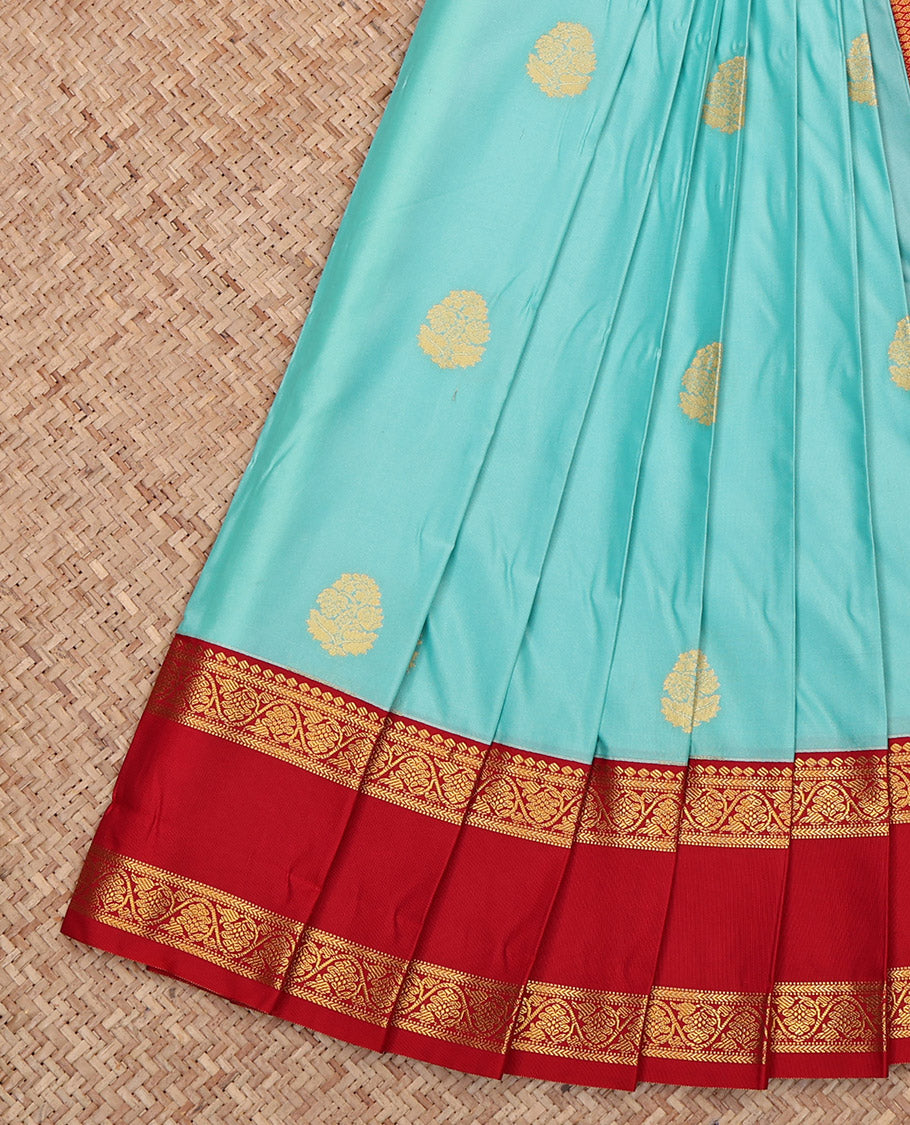 Light Blue Budget Silk Saree, Detailed with Zari Buttas, Complemented by Contrast Floral Creeper Rettai Pettu Border, Grand Pallu and a Contrast Blouse