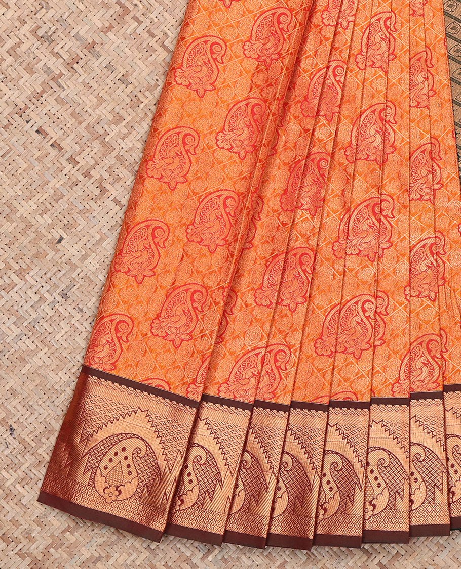 Orange Budget Silk Saree, Beautified with Jacquard, Complemented by Contrast Paisley-Temple Zari Border, Grand Pallu, and a Contrast Blouse