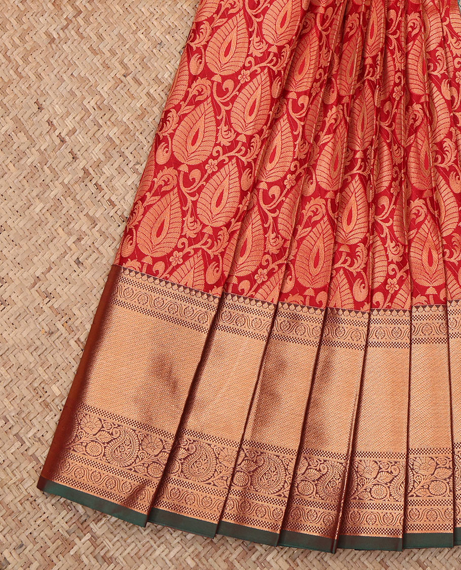Red Budget Silk Saree Masterfully Woven with Jacquard Design, Complemented by a Contrast Traditional Zari Border, Jaal Pallu, and Contrast Blouse
