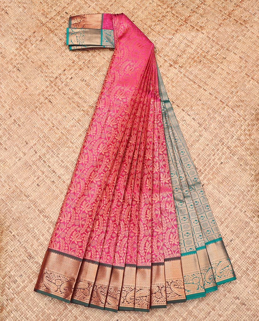 Pink Budget Silk Saree, Detailed with Jacquard Design, Complemented by a Contrast Traditional Zari Border, Grand Pallu, and a Contrast Blouse