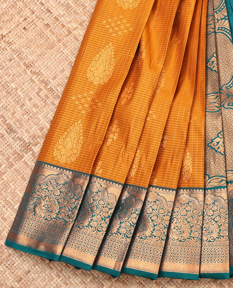 Orange Budget Silk Saree, Richly Detailed with Zari Buttas and Checks, Complemented by Contrast Traditional Zari Border, Grand Pallu, and a Contrast Blouse