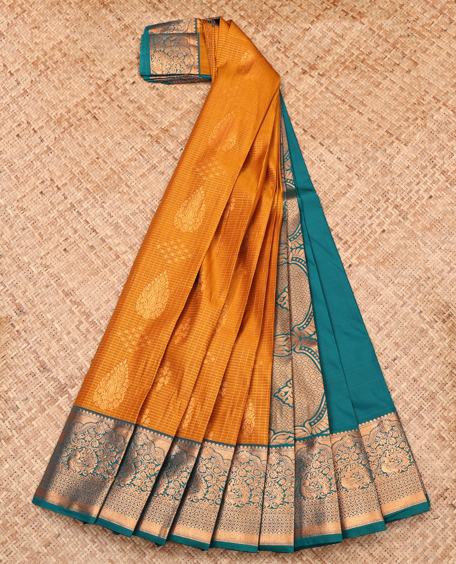 Orange Budget Silk Saree, Richly Detailed with Zari Buttas and Checks, Complemented by Contrast Traditional Zari Border, Grand Pallu, and a Contrast Blouse