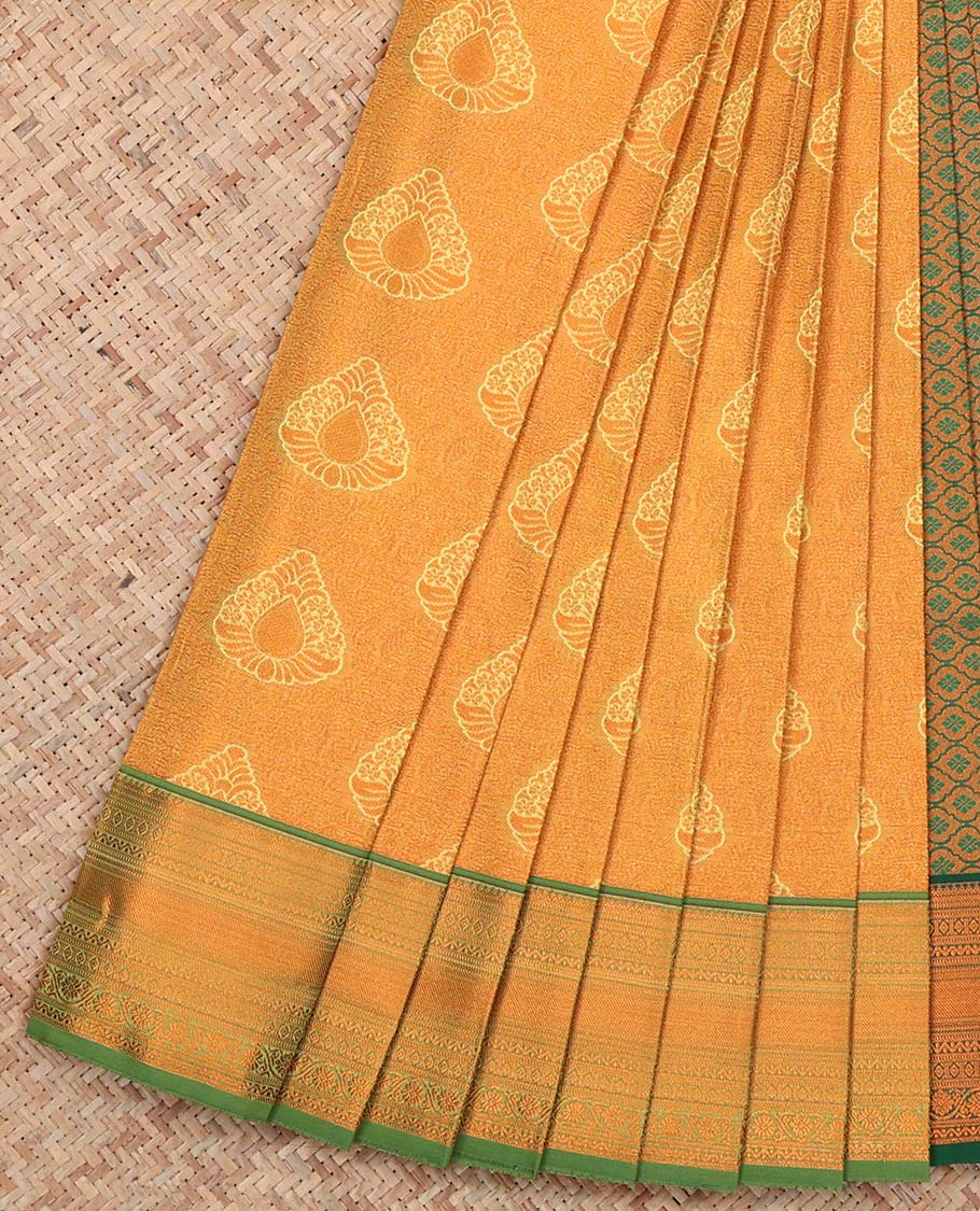 Yellow Budget Silk Saree, Showcasing Buttas, Complemented by Contrast Traditional Zari Border, a Jaal Pallu and a Contrast Blouse