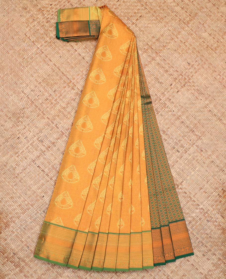 Yellow Budget Silk Saree, Showcasing Buttas, Complemented by Contrast Traditional Zari Border, a Jaal Pallu and a Contrast Blouse