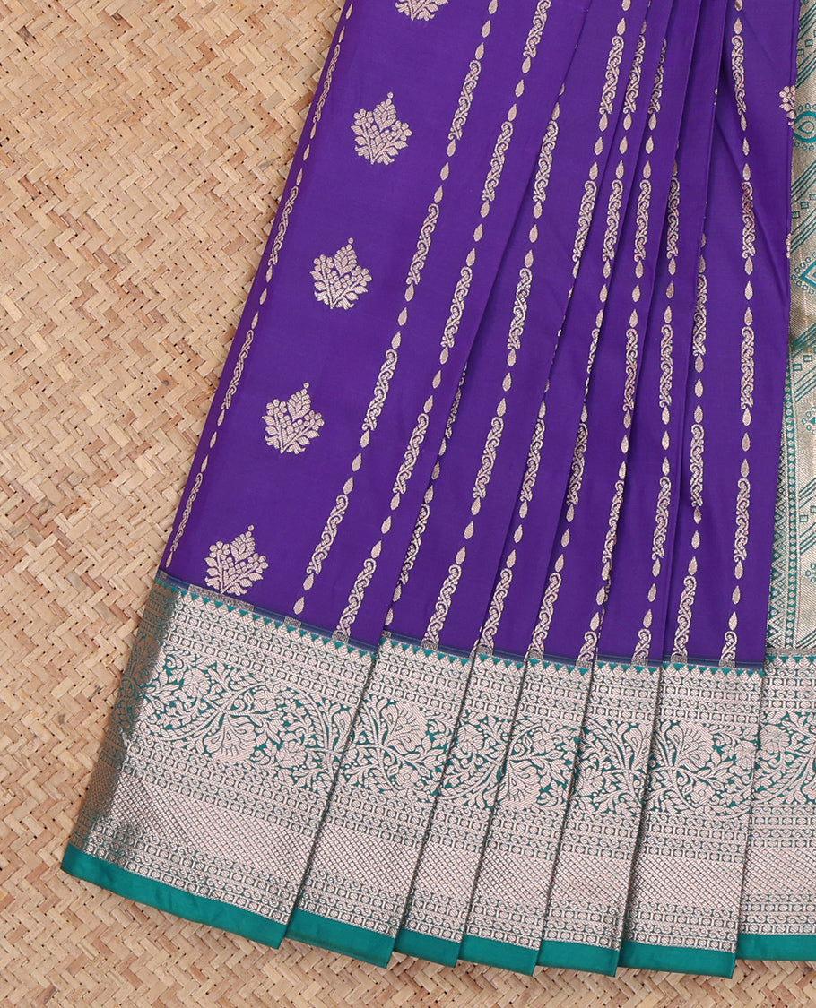 Violet Budget Silk Saree, Detailed with Zari Designs, Complemented by a Contrast Traditional Zari Border, Floral Pallu, and a Contrast Blouse