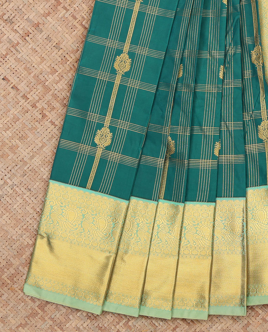 Green Budget Silk Saree, Enriched with Floral Butta Enclosed Checks, a Contrast Traditional Peacock Zari Border, a Grand Pallu and a Contrast Blouse