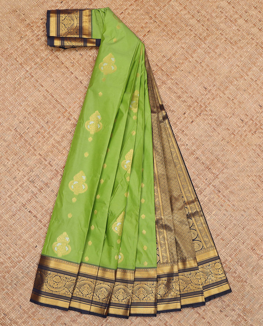 Green Budget Silk Saree, Highlighted by Zari Buttas, Complemented by Contrast Traditional Zari Border, a Jaal Pallu and a Contrast Blouse