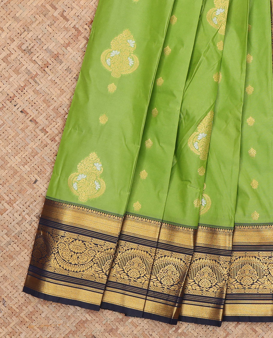 Green Budget Silk Saree, Highlighted by Zari Buttas, Complemented by Contrast Traditional Zari Border, a Jaal Pallu and a Contrast Blouse