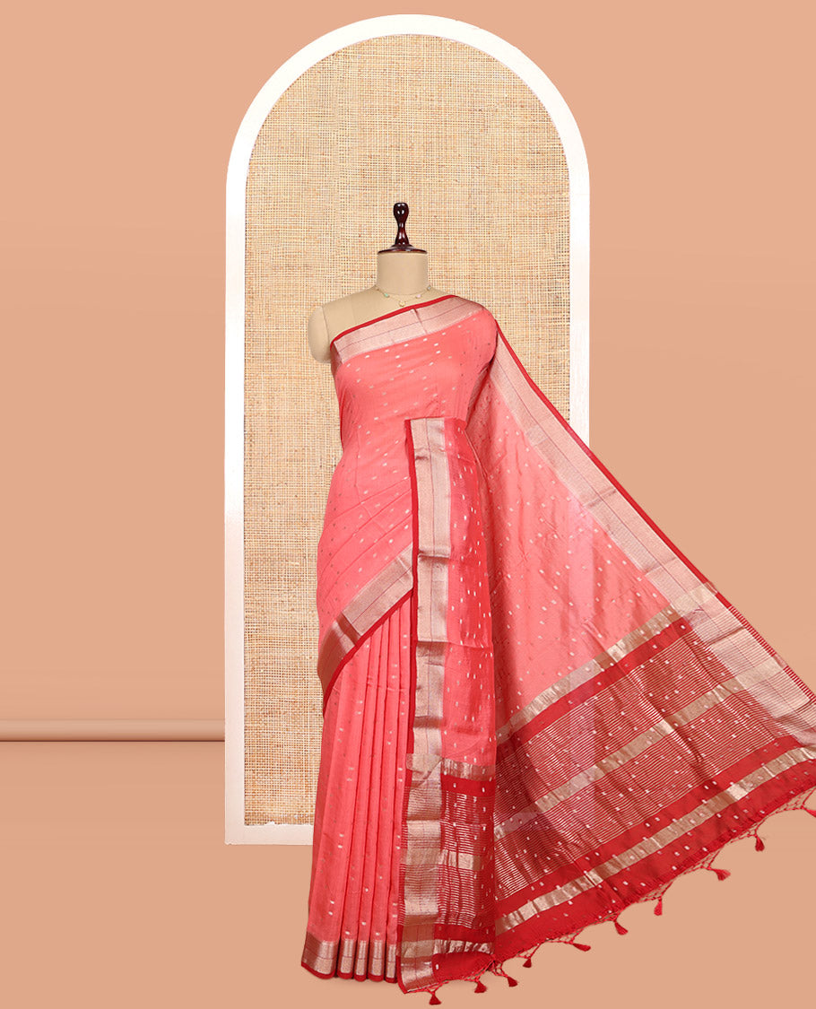 Peach Assam Silk Saree, Enthralled with Zari Buttas, Complemented by Contrast Traditional Zari Border, Zari Woven Pallu, and Contrast Blouse
