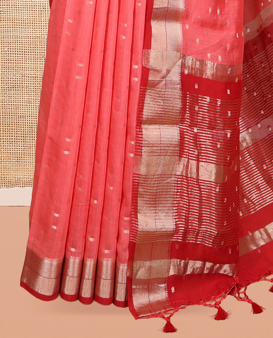 Peach Assam Silk Saree, Enthralled with Zari Buttas, Complemented by Contrast Traditional Zari Border, Zari Woven Pallu, and Contrast Blouse