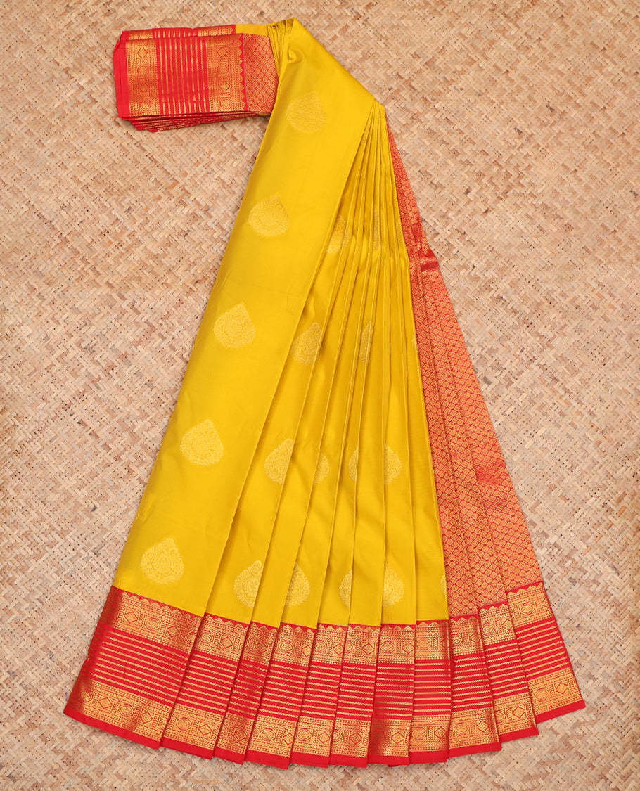 Mustard Budget Silk Saree, Ornamented with Zari Buttas, Complemented by a Contrast Traditional Zari Border, Grand Jaal Pallu, and Contrast Blouse
