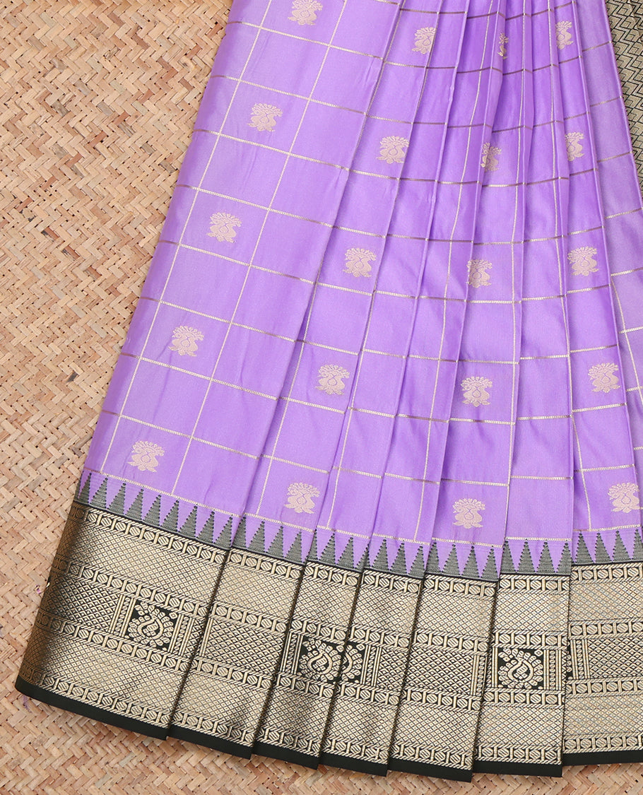 Lavender Budget Silk Saree, Woven with Zari Butta Enclosed Checks, a Contrast Traditional Temple Border, Chevron Striped Pallu, and a Contrast Blouse