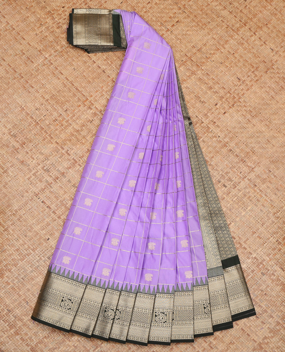 Lavender Budget Silk Saree, Woven with Zari Butta Enclosed Checks, a Contrast Traditional Temple Border, Chevron Striped Pallu, and a Contrast Blouse