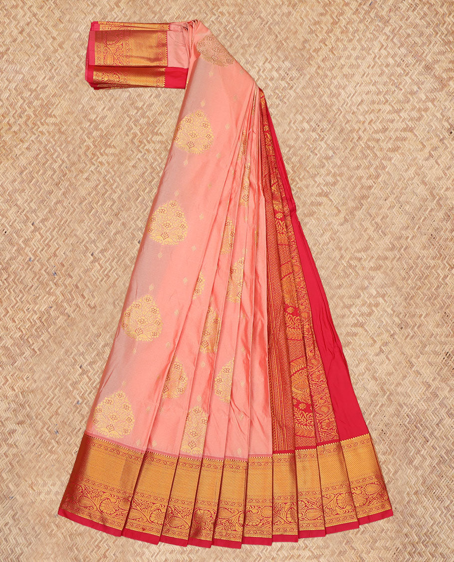 Pink Budget Silk Saree, Highlighted by Zari Buttas, a Contrast Traditional Zari Border, Grand Jaal Pallu, and a Contrast Blouse