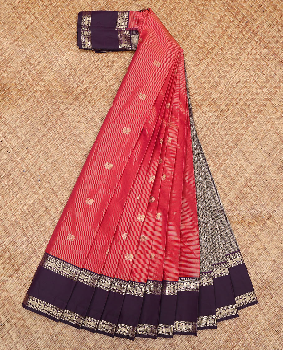 Red Budget Silk Saree, Steeped in Richness of Peacock-Chakram Buttas and Stripes, a Contrast Traditional Zari Rettai Pettu Border, Grand Pallu, and a Contrast Blouse