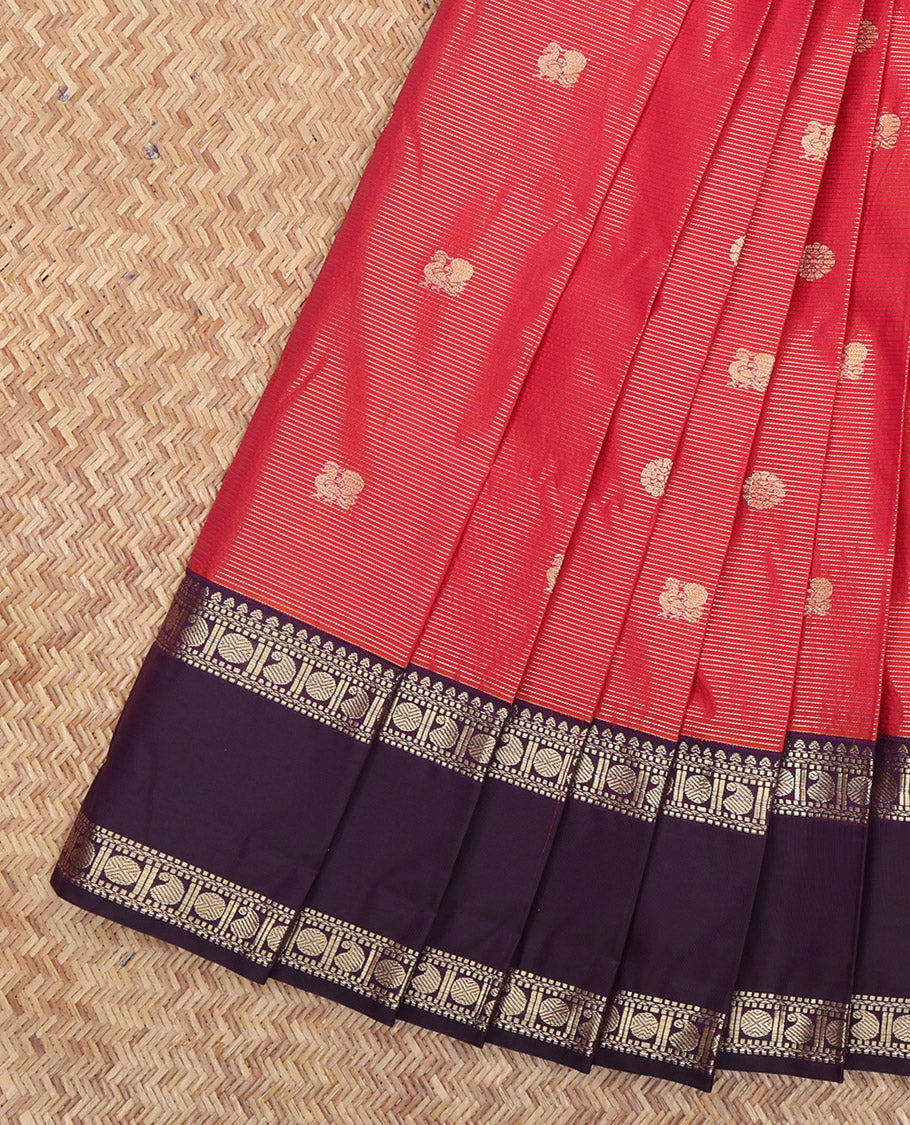 Red Budget Silk Saree, Steeped in Richness of Peacock-Chakram Buttas and Stripes, a Contrast Traditional Zari Rettai Pettu Border, Grand Pallu, and a Contrast Blouse