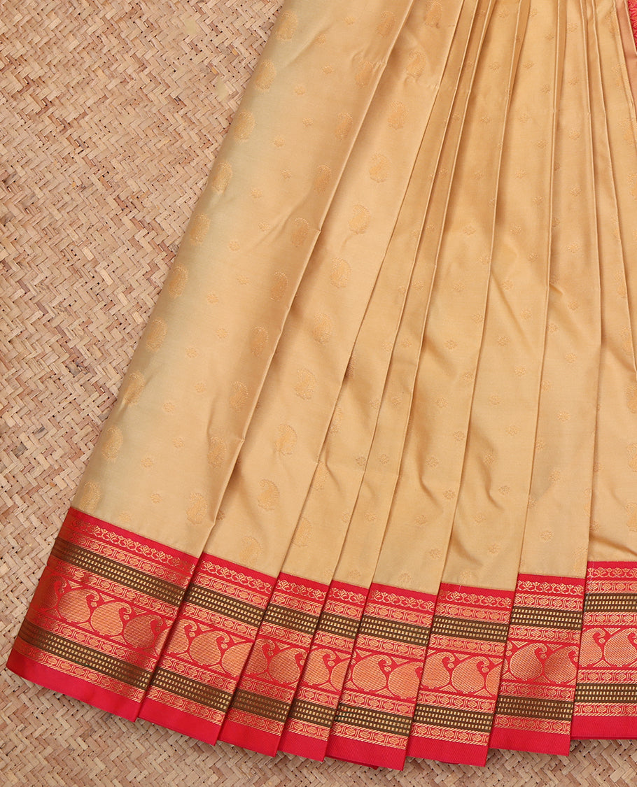 Sandal Budget Silk Saree, Sparsely Woven with Paisley Buttas, a Contrast Traditional Zari Border, Grand Pallu, and a Contrast Blouse