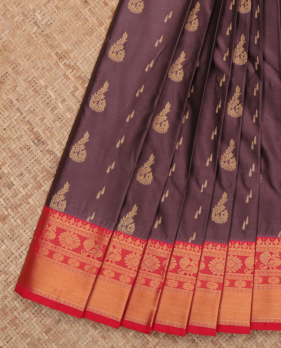 Brown Budget Silk Saree, Impeccably Styled with Zari Buttas, a Contrast Traditional Zari Border, Intricate Pallu, and a Contrast Blouse