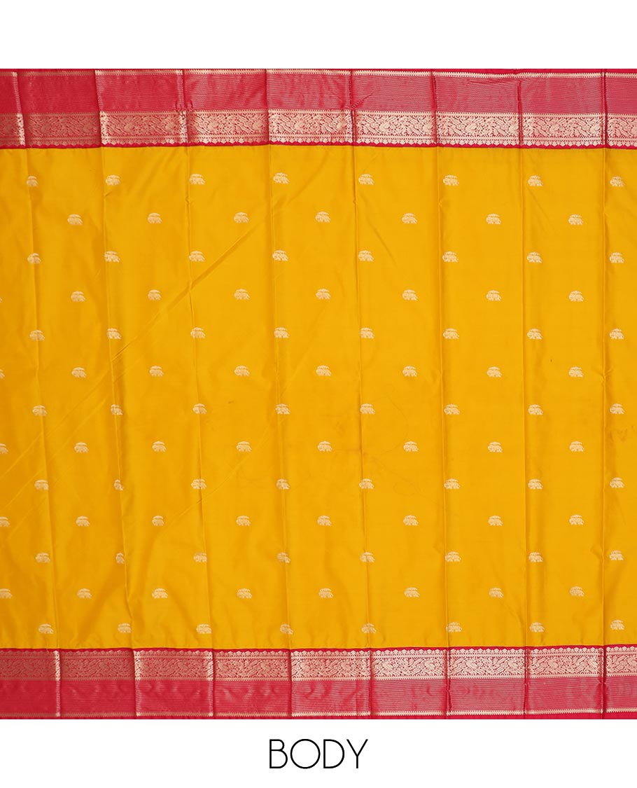 Yellow elephant motifs gift saree, contrast traditional zari design border, and intricate pallu