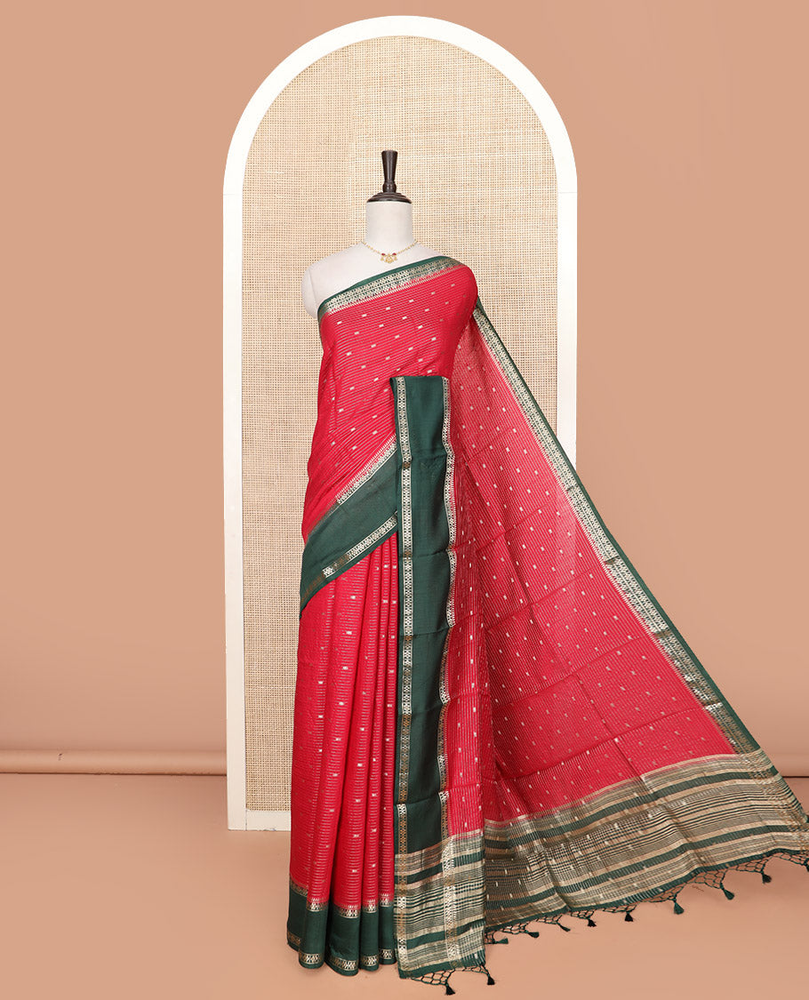 Red Assam Silk Saree Enlivened with Zari Buttas and Stripes, Complemented by a Contrast Traditional Zari Design Border, a Captivating Pallu Featuring Zari Designs, and Paired with a Contrast Blouse