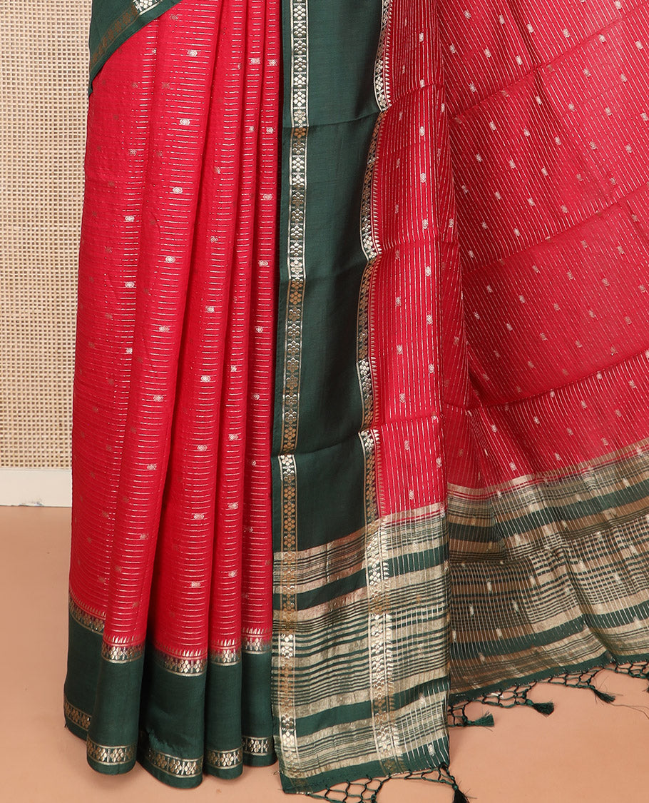 Red Assam Silk Saree Enlivened with Zari Buttas and Stripes, Complemented by a Contrast Traditional Zari Design Border, a Captivating Pallu Featuring Zari Designs, and Paired with a Contrast Blouse