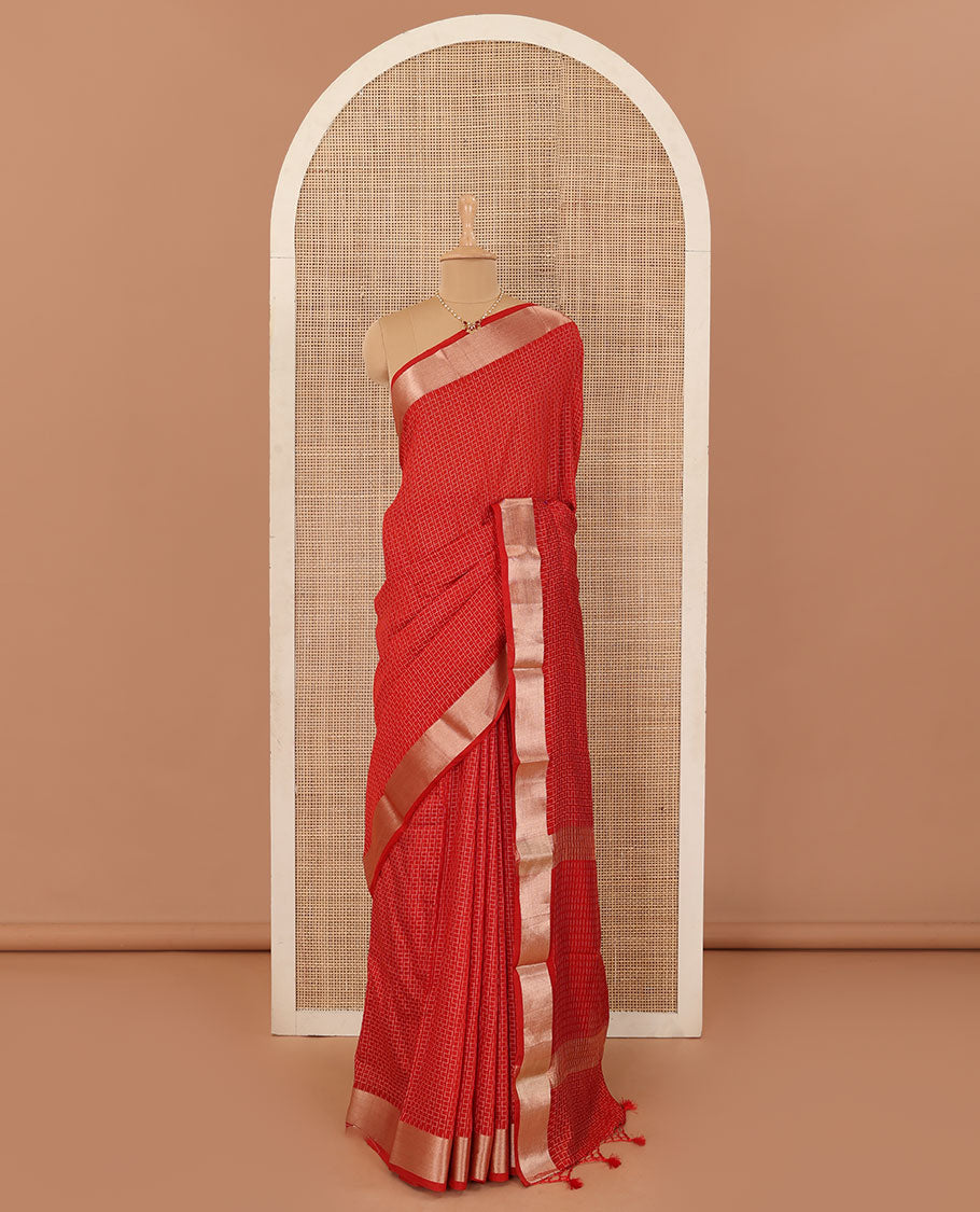 Red maze design Assam silk saree, bavanji border, and zari pallu
