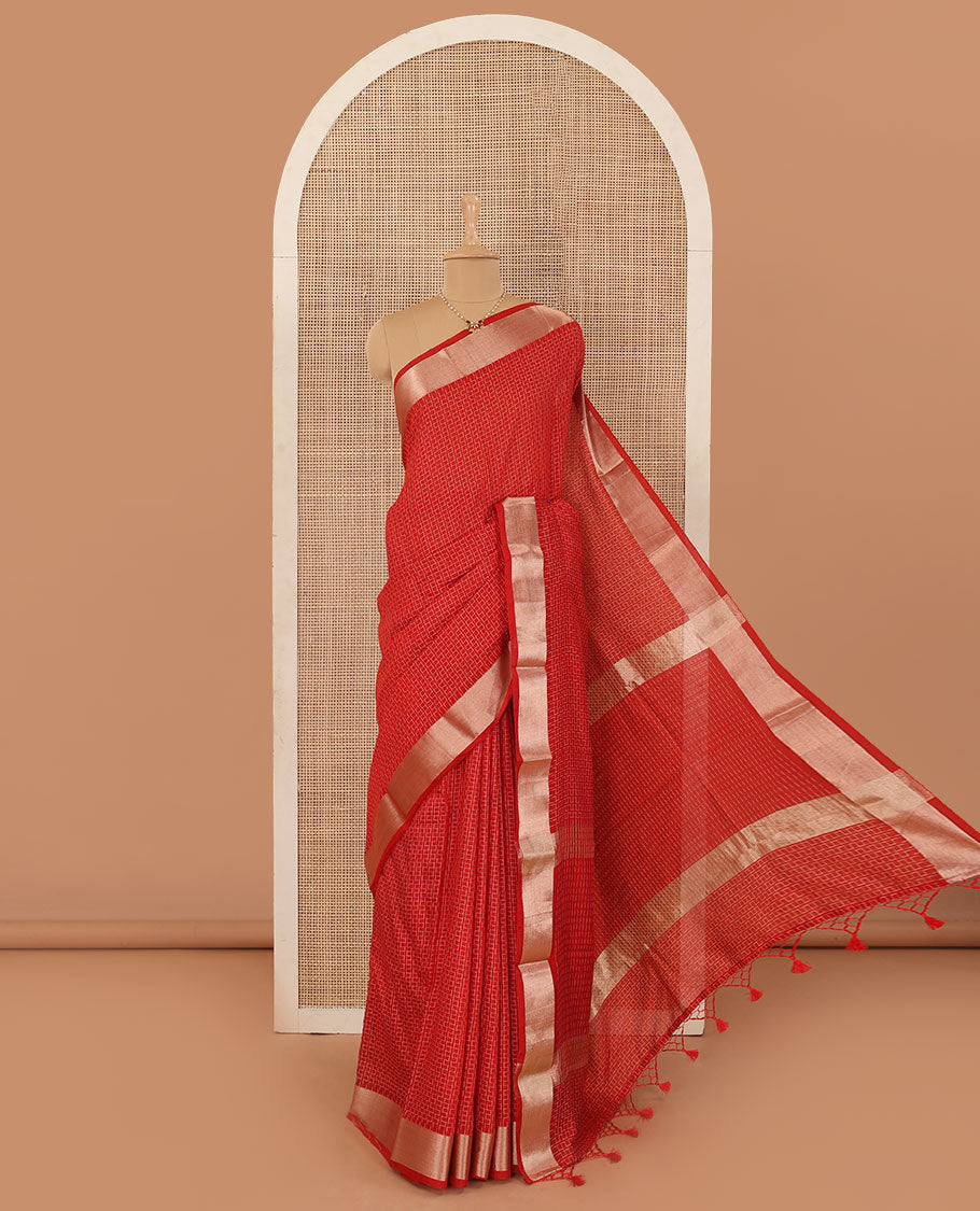 Red maze design Assam silk saree, bavanji border, and zari pallu
