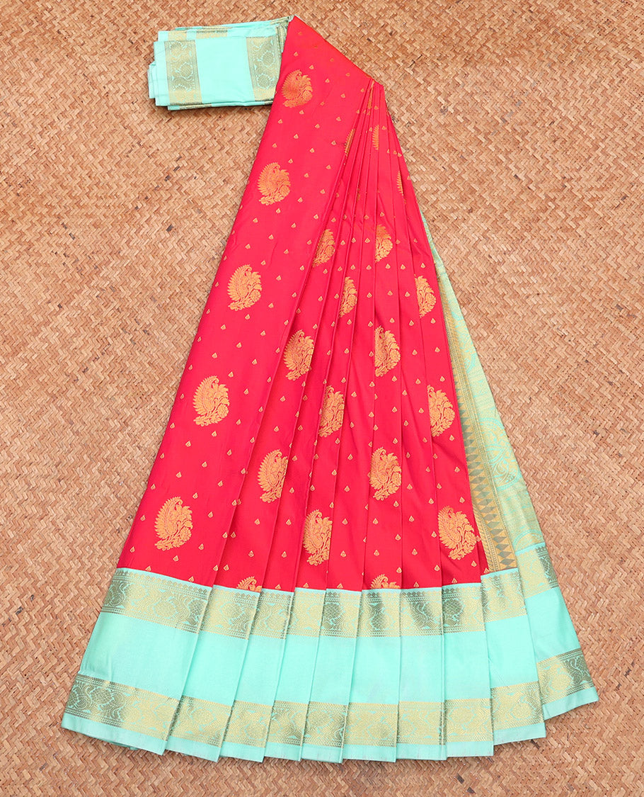 Red Budget Silk Saree, Decorated with Zari Buttas, Complemented by a Contrast Traditional Zari Rettai Pettu Border, Grand Pallu, and Contrast Blouse