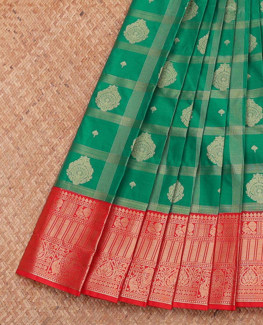 Green Budget Silk Saree, Sparsely Threaded with Zari Butta Enclosed Checks, Complemented by Contrast Traditional Zari Border, Grand Pallu, and Contrast Blouse