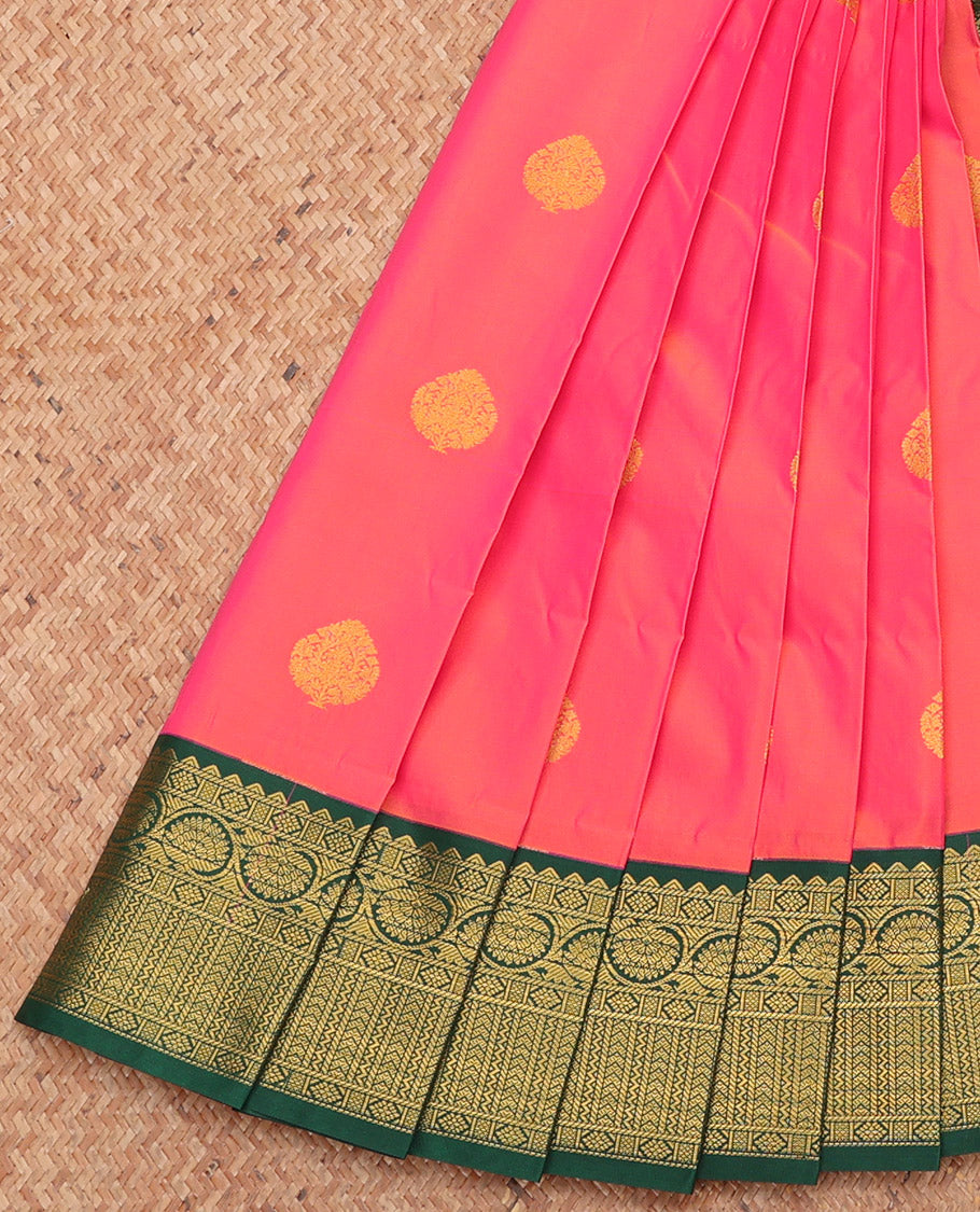 Pink Budget Silk Saree, Bedecked with Zari Buttas, Complemented by a Contrast Traditional Zari Border, Grand Pallu, and a Contrast Blouse