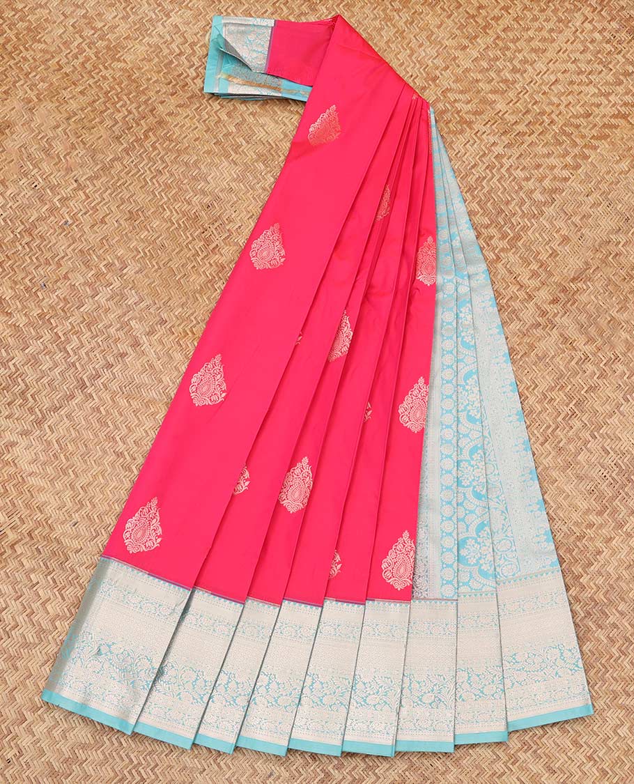 Pink Budget Silk Saree, Gleamed Up with Zari Buttas, Complemented by Contrast Traditional Zari Border, a Grand Pallu and a Contrast Blouse