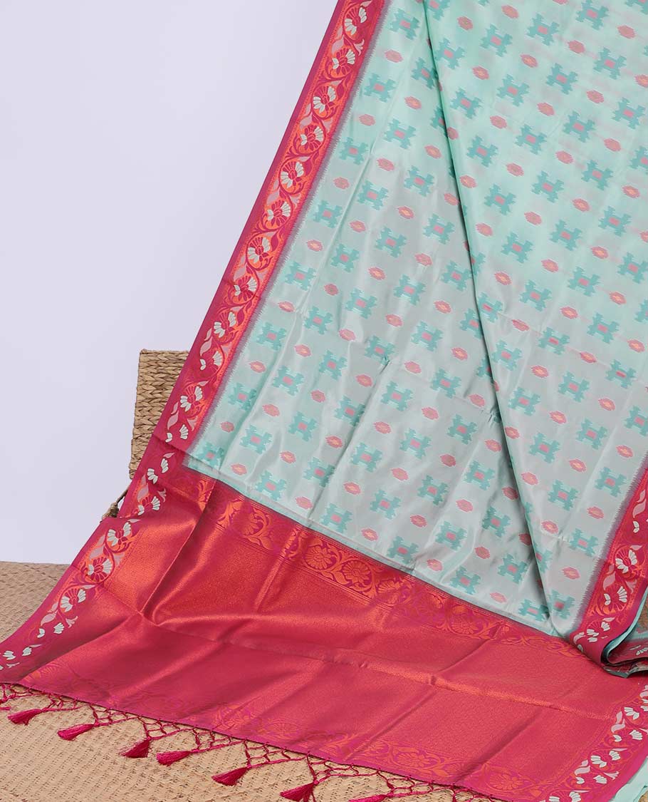 Blue ikkat geometric motifs butter silk saree with contrast floral zari border & intricate floral zari pallu