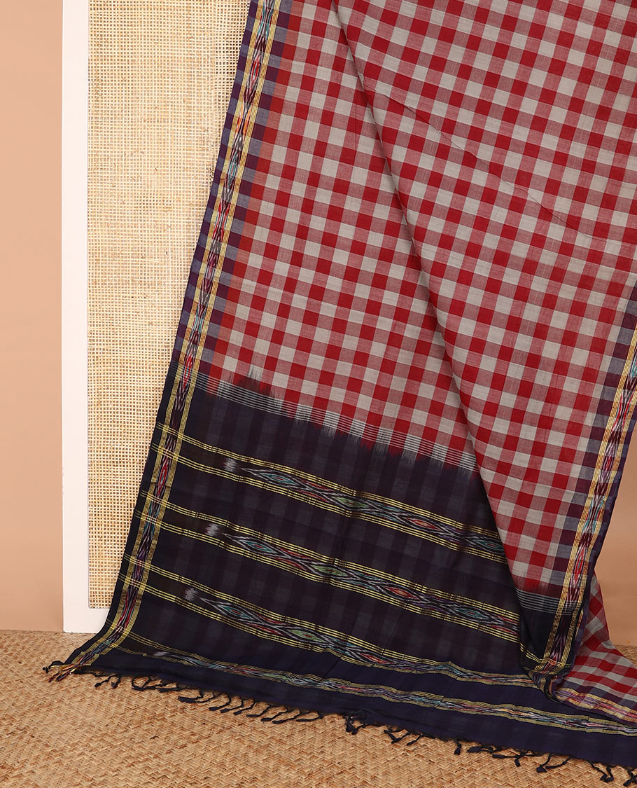 Multi-color checked Andhra cotton saree, contrast ikkat border, and pallu of ikkat designs