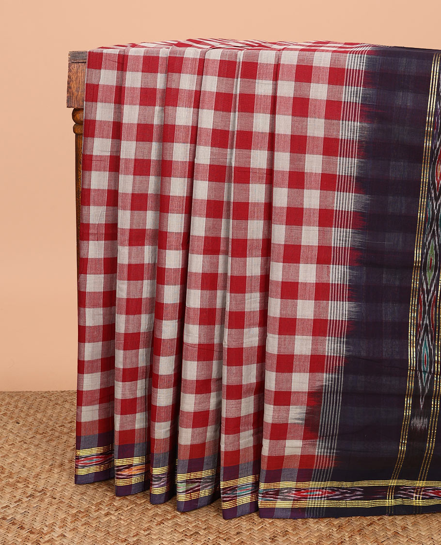 Multi-color checked Andhra cotton saree, contrast ikkat border, and pallu of ikkat designs