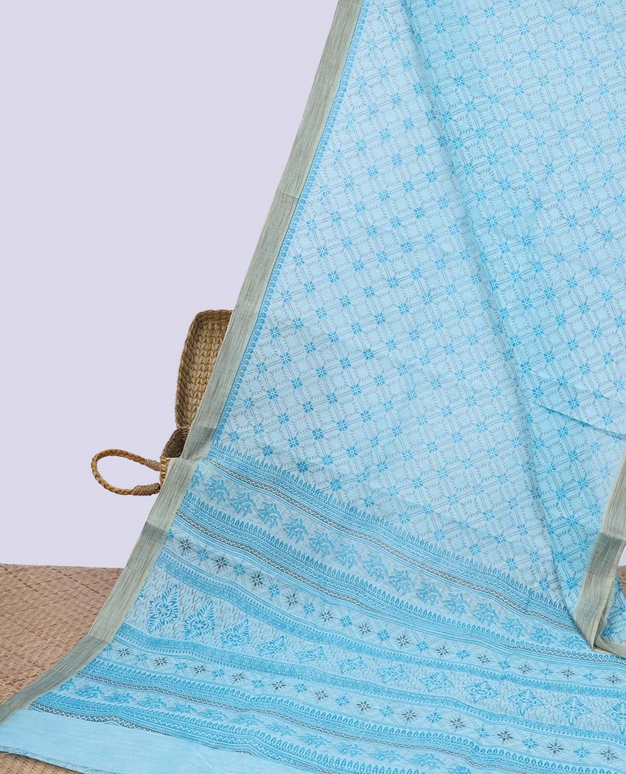 Blue jaal printed budget cotton saree, plain border & intricately printed pallu