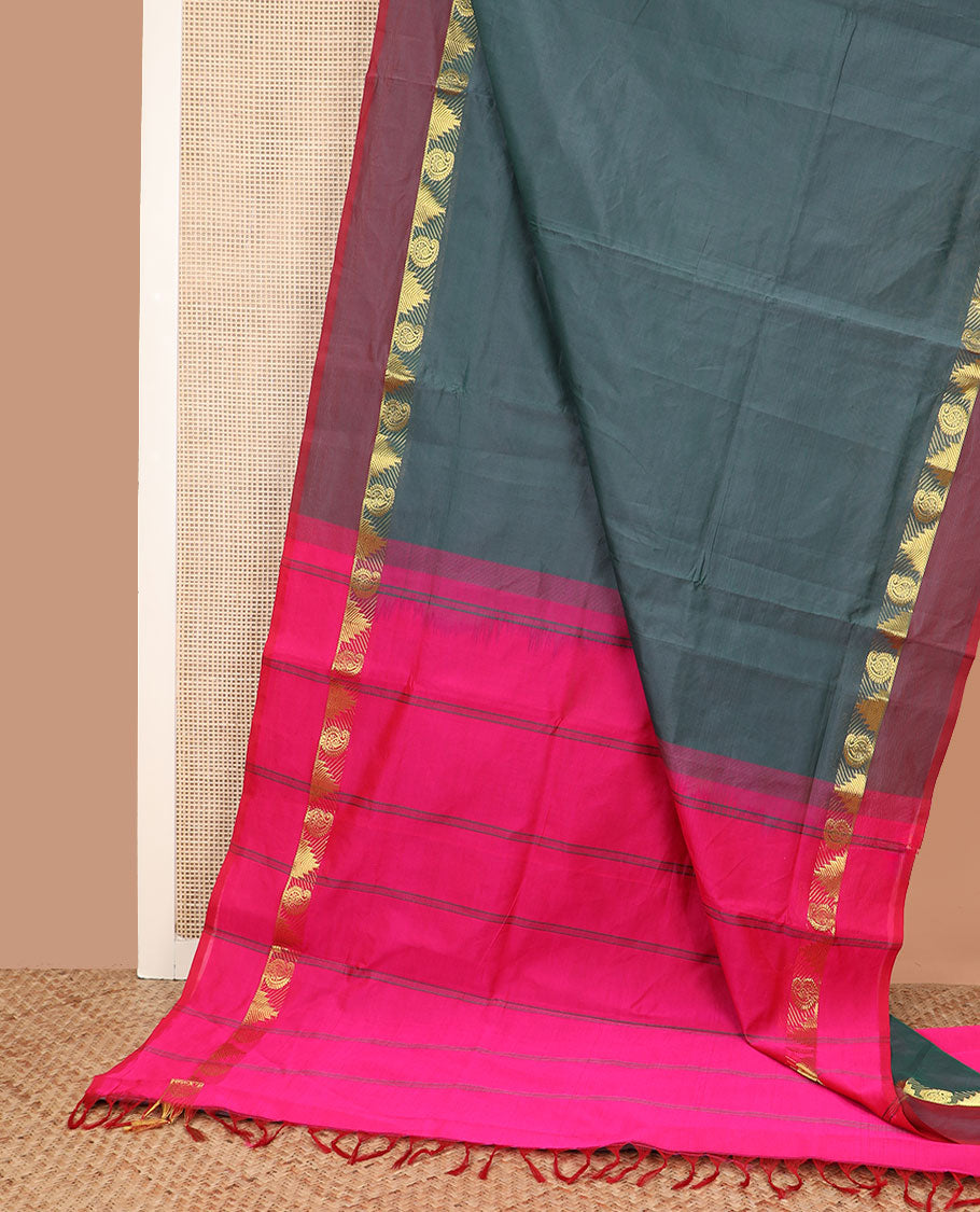 Grey plain poly cotton saree, contrast traditional zari border, and pallu of stripes