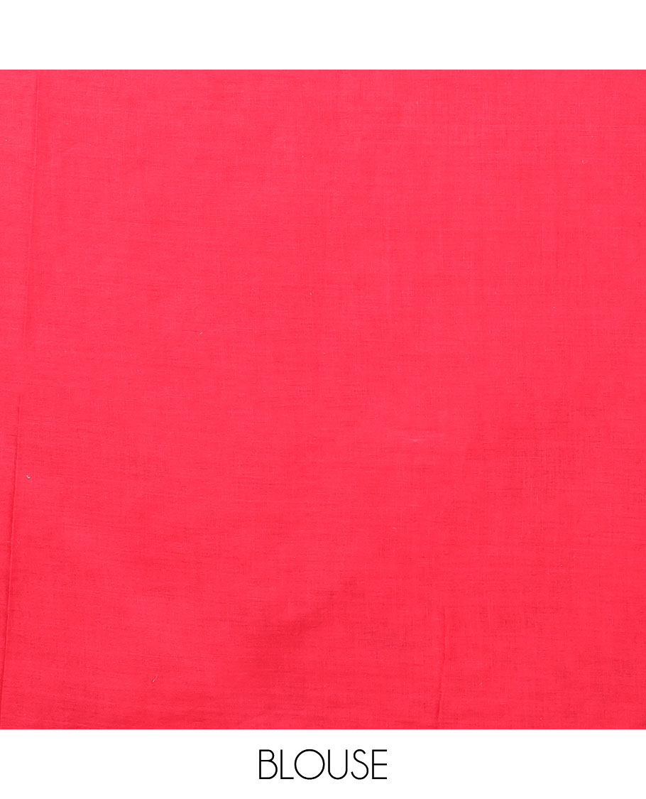 Red floral printed mixed cotton saree, plain border, and pallu of paisley print