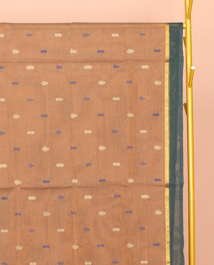 Brown Venkatagiri Cotton Saree, Elevated with Buttas, a Contrast Floral Design Zari Border, Pallu of Buttas and Stripes, and No Blouse