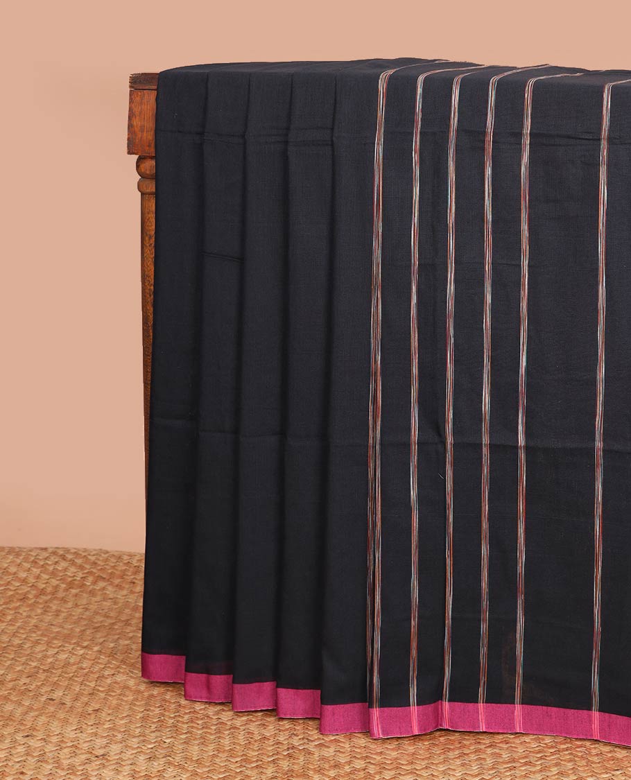 Black striped khadi cotton saree with contrast striped border