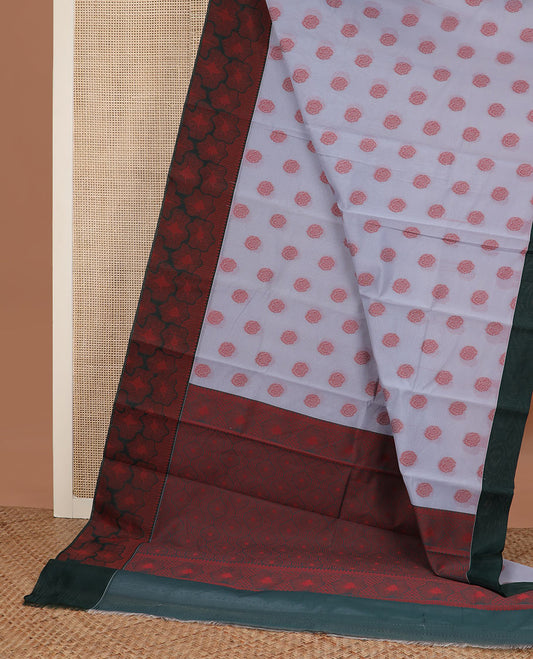 Grey rose motifs semisilk cotton saree, contrast floral border, and ogee patterned pallu