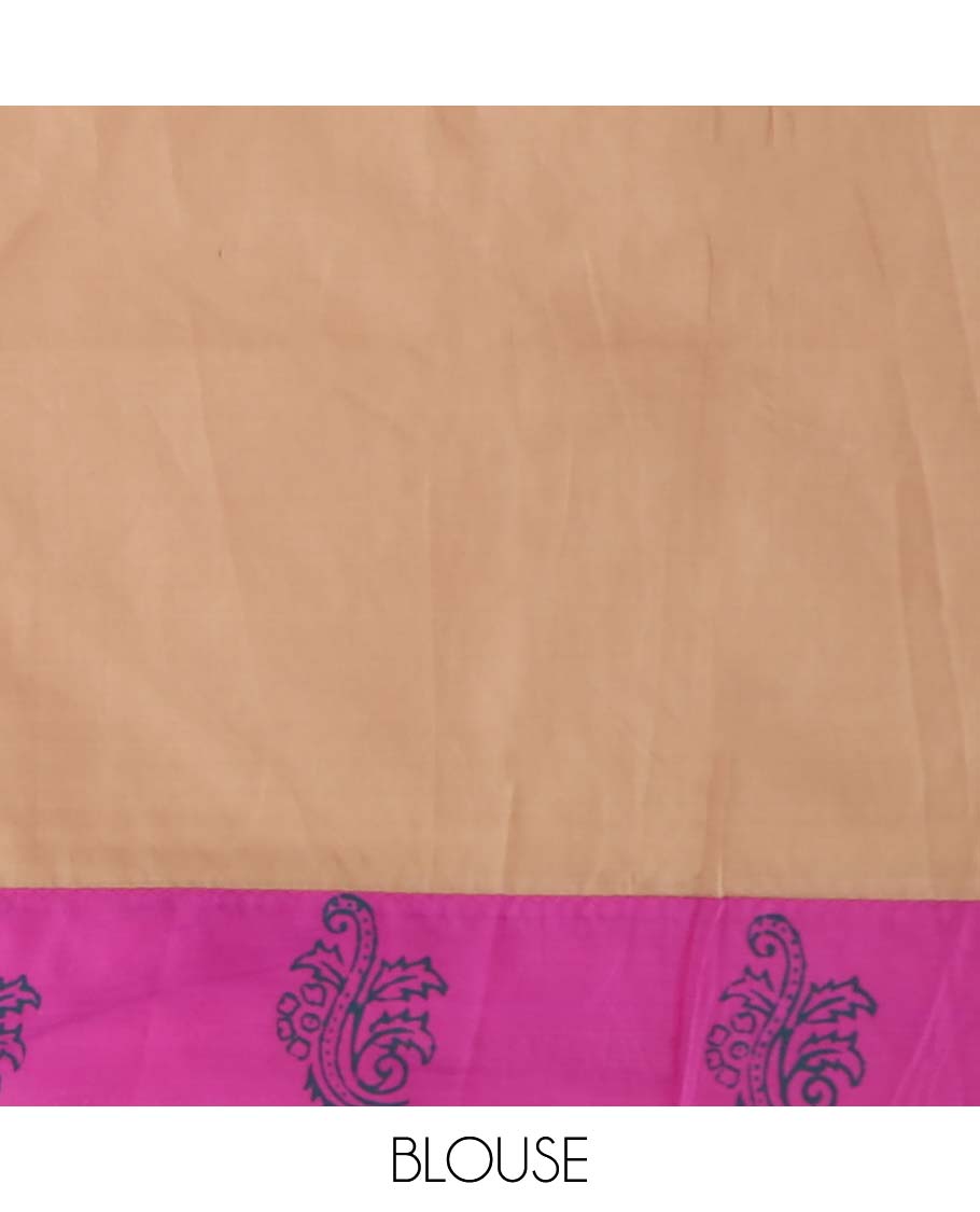 Rani pink motifs printed poly cotton saree, contrast floral-theme block printed border, and butta enclosed jaal pallu