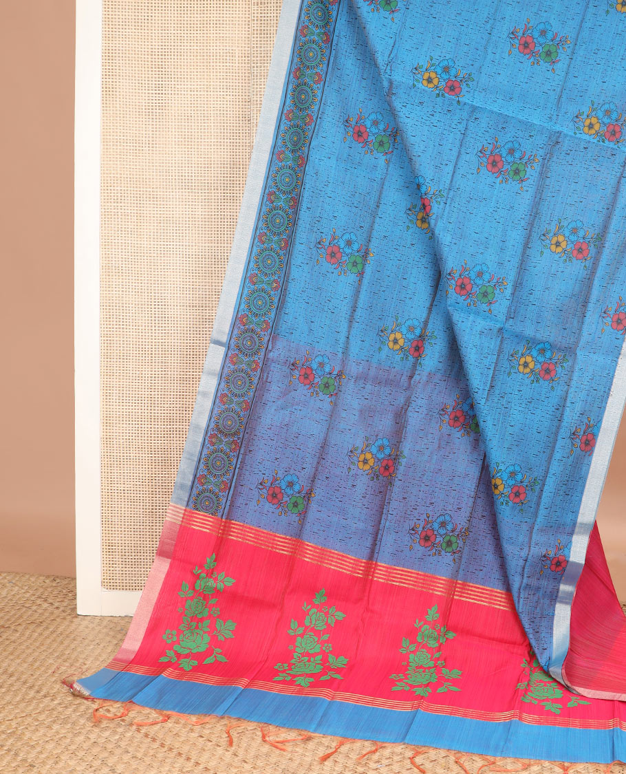 Blue abstract floral buttas printed chirala cotton saree, printed border, and contrast floral print pallu