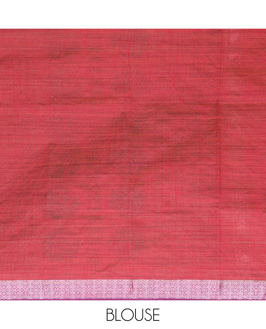 Blue kalamkari style floral vine and peacock printed Andhra cotton saree, rose copper zari floral border, and printed pallu