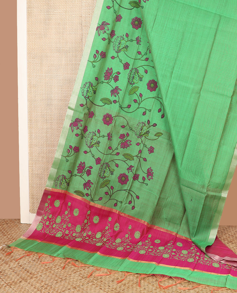 Green floral vine and Pichwai cow printed chirala cotton saree, plain border, and contrast floral printed pallu