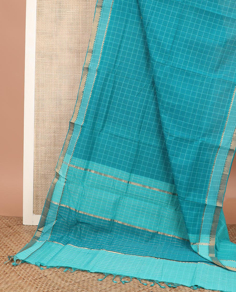 Blue checked Mangalgiri cotton saree, temple border, and checked pallu