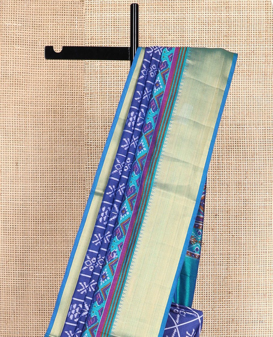 Navy blue butta enclosed checked semi-banaras patola silk saree, contrast temple zari border of ikkat design, and pallu steeped with geometric patterns